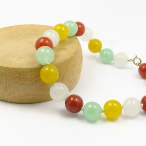 8mm multicolor Jade Bead Bracelet with 14KY Gold Circle Closure: Red Jade, White Jade, Green Jade, Yellow Jade