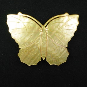 Vintage: 14K Solid Yellow Gold Carved Huge Butterfly Yellow Mother of Pearl Brooch - handmade