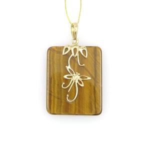10K solides Gelbgold mit goldfiligranem Schmetterlingsförmigen Tigerauge-Anhänger, Pendente, Design unico, Tigerauge