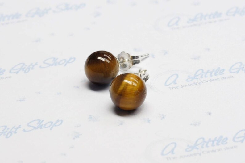 8mm Round Stone Bead Stud Silver 925 Earrings Black Agate Mother of Pearl Tiger Eye choice of color