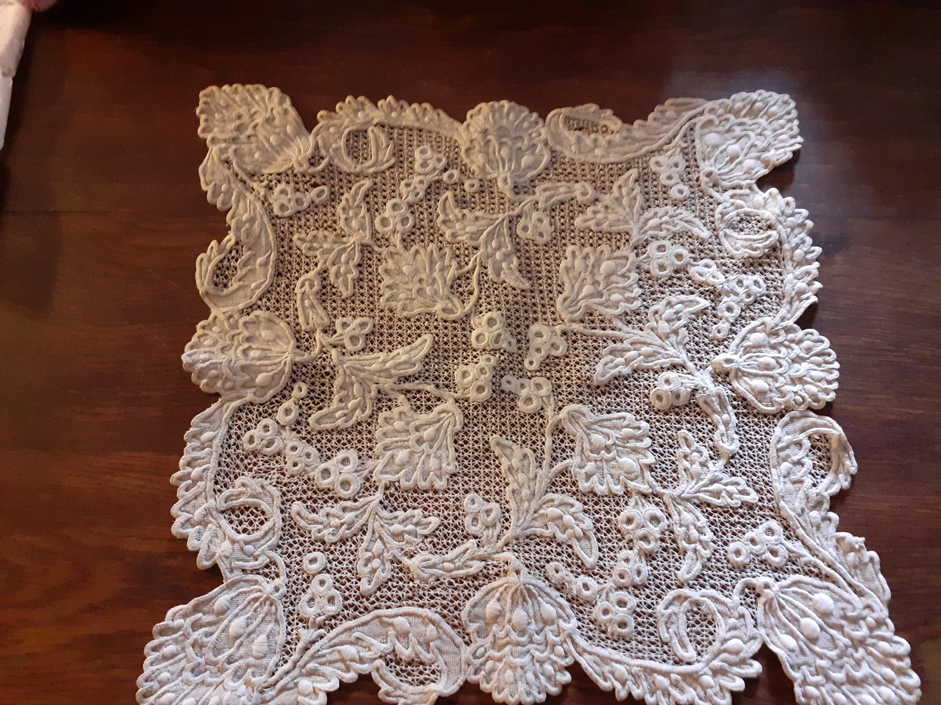 Superbe Français de Dentelle Brodée et Filet à La Main en Écru