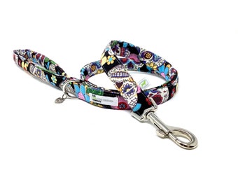 Dog Lead, Sugar Skulls, Flowers, Mexican Day of the Dead, Padded Handle, Dog Accessories, Dog Leash