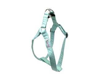 May include: A light blue dog harness with white polka dots. The harness has a metal D-ring and a label that says "Happy Tails".