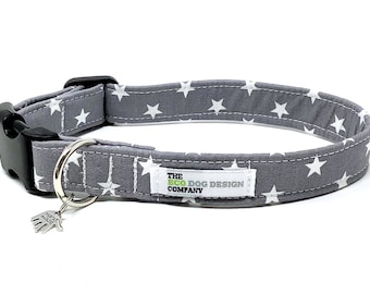 Grey Star Dog Collar - Handmade Dog Collar and Galaxy Space Dog Collar - Fabric Dog Collar Adjustable Pet Collar Puppy Collar - Dog Collar