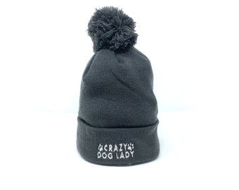 Crazy Dog Lady Bobble Hat, Winter Walkies, Dark Grey Dog Walking Hat, Pom Pom Hat