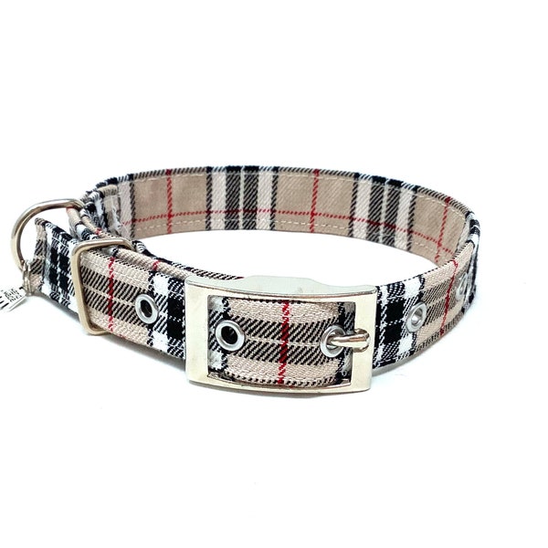 Classic Beige Tartan Traditional Eyelet Dog Collar