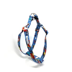 Cartoon Print Dog Harness, Pow Bang Blue Cartoon Fully adjustable harness