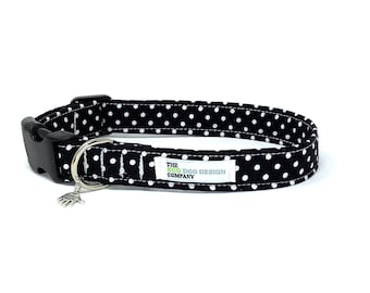 Classic Adjustable Dog Collar, Black Polka Dot Patterned Pet Accessory