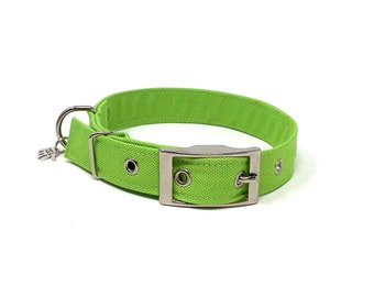 May include: A bright green dog collar with a silver buckle and a silver D-ring. The collar is made of a durable fabric.