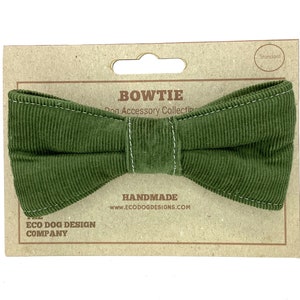 May include: Green corduroy bow tie for dogs. The bow tie is handmade and comes on a card with the text "Bowtie Dog Accessory Collection Handmade www.ecodogdesigns.com Eco Dog Design Company"