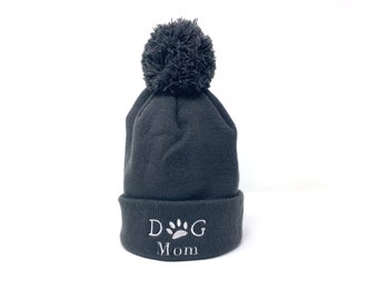 Dog Mom Bobble Hat, Winter Walkies, Dark Grey Dog Walking Hat, Pom Pom Hat