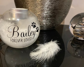 Personalised Dog Memorial Candle, Glass Tealight Holder with White Feathers for Dog Remembrance