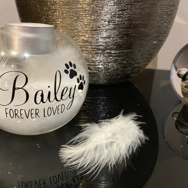 Personalised Dog Memorial Candle, Glass Tealight Holder with White Feathers for Dog Remembrance