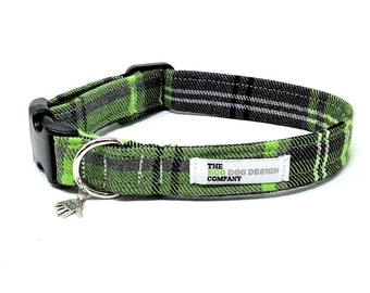 Collar de perro de tartán verde, producto ajustable para mascotas a cuadros clásicos escoceses grises y verdes