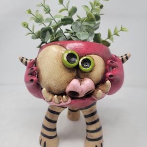 May include: A whimsical ceramic planter in the shape of a monster with green eyes, a pink nose, and striped legs. The planter is filled with green leafy plants. The monster has pink arms and ears with black stripes.