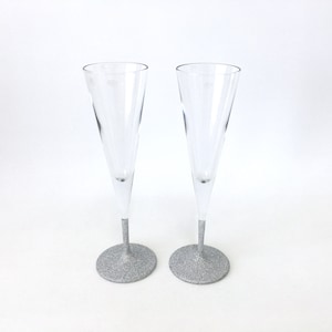 Vintage hand glittered champagne flutes wedding toasting set.