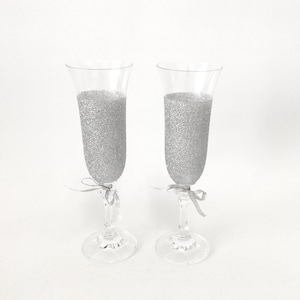 Vintage hand glittered toasting glasses for wedding, engagement or anniversary.