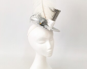 White and silver sequined miniature top hat fascinator