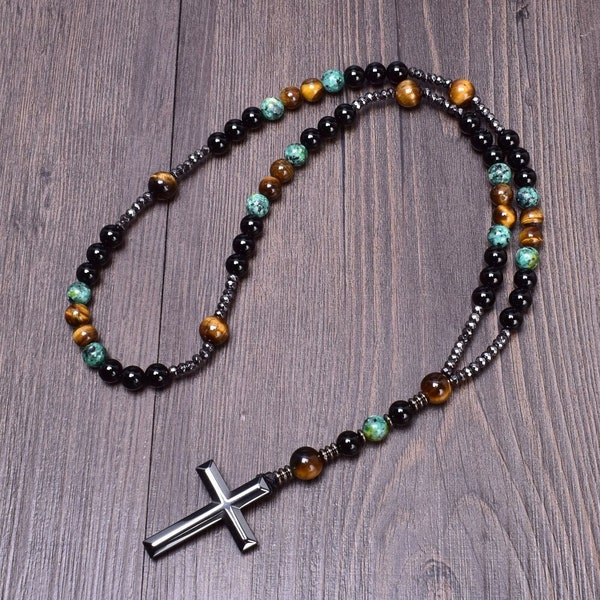 Collier chapelet catholique pour homme fait main avec oeil de tigre, onyx noir et hématite