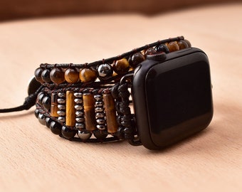 Tiger Eye Black Onyx Hematite Apple Watch Band 38mm 40mm 41mm 44mm 45mm Smart Watch Band Wrap Bracelet