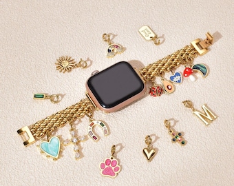 Correa de reloj personalizada con dijes dorados para Apple Watch de mujer, dijes ajustables y extraíbles, correa de malla de lujo, correa de reloj personalizada con dijes dorados para Apple Watch.
