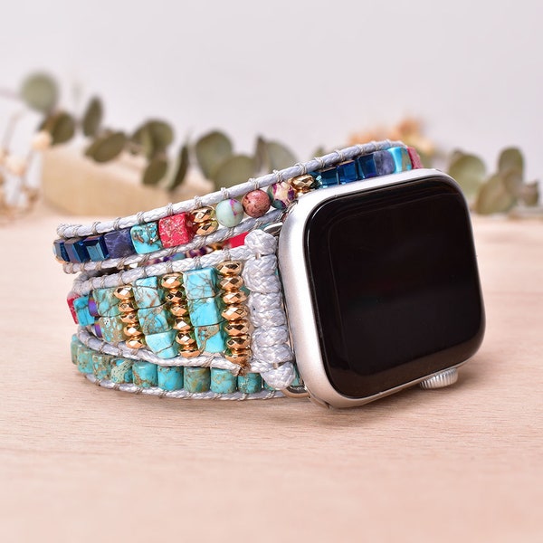 Natural Stone Jasper Crystal Apple Watch Band 38mm-45mm Wrap Apple Watch Strap Vegan Smartwatch Band for IWatch (1)