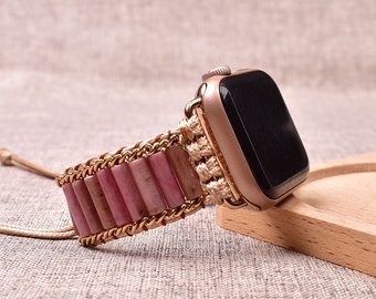 Rhodonite Beaded Watch Band for Apple Watch Women - Unique Gemstone Replacement Strap, Stylish Gift for Her