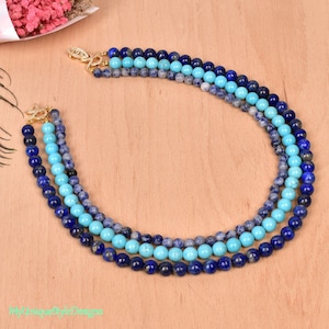 Layered Natural stone Bib Necklace Bohemian Beaded Statement Jewelry Blue Necklace