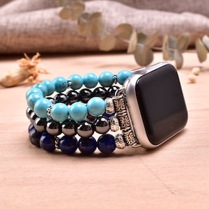 Beaded Silver Watch Band for Apple Watch with Turquoise, Lapis Lazuli Hematite Stones – Stylish, Durable Handmade Accessory