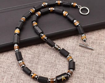 Handcrafted Men's Initial Necklace with Tiger's Eye and Black Tourmaline - Unique Gift for Him