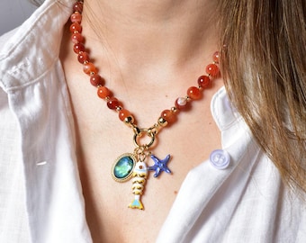Red Carnelian Beaded Necklace with Fish & Starfish Abalone Shell Pendant Choker, Handmade Ocean-Inspired Jewelry Gift