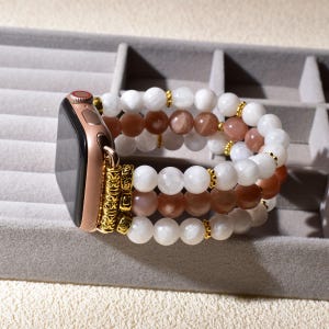 Gemstone Beaded Band for Apple Watch - Sunstone & Moonstone Bracelet Strap, Handmade Crystal Replacement Band