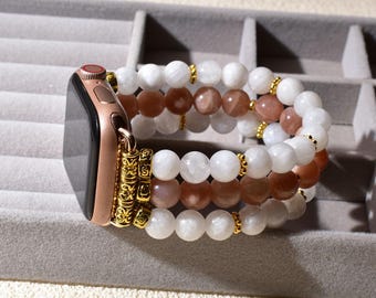 Gemstone Beaded Band for Apple Watch - Sunstone & Moonstone Bracelet Strap, Handmade Crystal Replacement Band