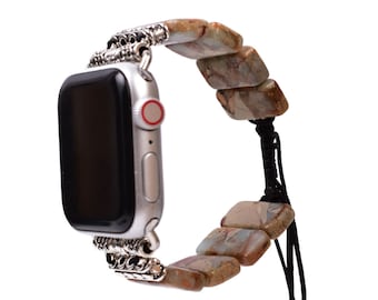 Beaded Band for Apple Watch Jasper Bracelet Adjustable Earthy Tones Strap Stylish Natural Stone Watchband