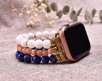 Gemstone Beaded Band for Apple Watch with Sunstone, Moonstone & Lapis Lazuli – Healing Crystal Watch Strap