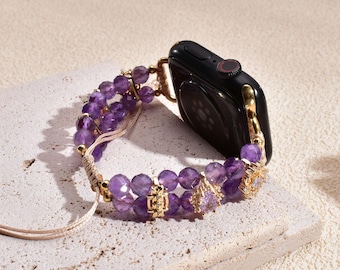 Luxury Beaded Watch Strap for Apple Watch - Amethyst Zircon Bling Band, Fits 38-49mm, Handmade