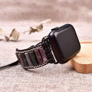 Indian Agate Beaded Watch Band for Apple Watch - Handmade Cylindrical Stone Bracelet Replacement Strap