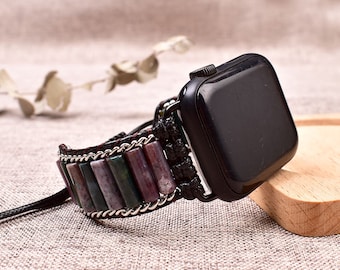 Correa de reloj con cuentas de ágata india para Apple Watch: correa de repuesto hecha a mano con piedra cilíndrica.