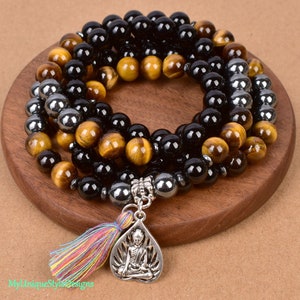 Handmade Mala Bracelet for Stress Relief and Inner Peace - Black Onyx, Tiger Eye, Hematite