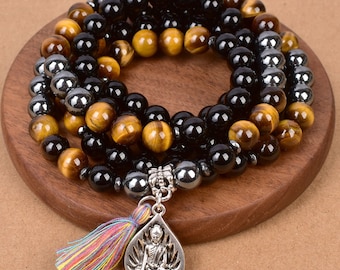 Handmade Mala Bracelet for Stress Relief and Inner Peace - Black Onyx, Tiger Eye, Hematite
