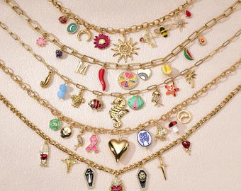 Stel je eigen bedelketting samen | Aangepaste gouden bedelsieraden, gepersonaliseerd cadeau voor haar en vintage dikke ketting met meerdere bedeltjes