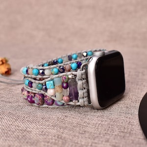 Purple-Blue Jasper Beaded Watch Strap Apple Watch Wrap Band Bracelet With Natural Stone Beads Vegan Smartwatch Band (1)