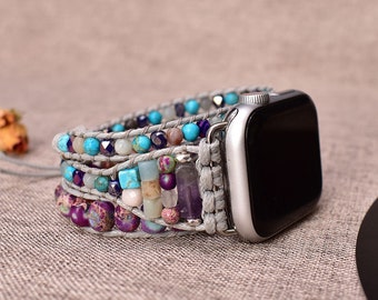 Purple-Blue Jasper Beaded Watch Band for Apple Watch, Natural Stone Bracelet, Vegan Friendly Accessory, Stylish & Durable Replacement Strap