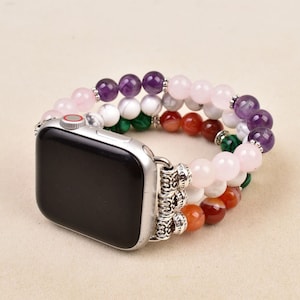 Beaded Watch Band for Apple Watch Silver with Rose Quartz Amethyst Howlite Carnelian Malachite Gemstone Strap