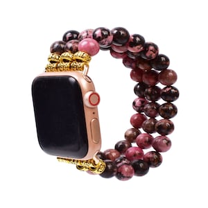 Rhodonite Beaded Watch Band for Apple Watch 38mm 45mm – Unique Gold Color Stone Bracelet Strap