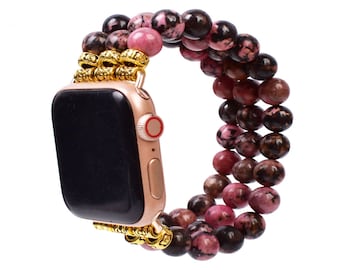 Rhodonite Beaded Watch Band for Apple Watch 38mm 45mm – Unique Gold Color Stone Bracelet Strap