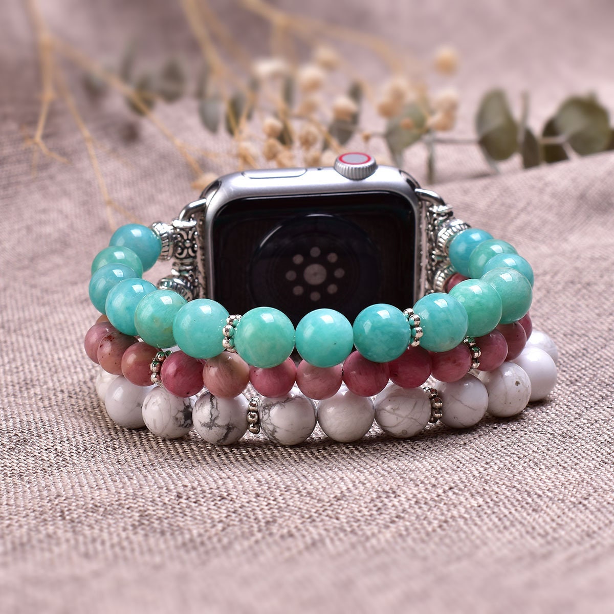 Howlite Rhodonite Gemstone Apple Watch Band 4 Strand Pink White 42mm 44mm 45mm Amazon.com: Fullmosa Compatible Metal No tools needed Apple  main image 3