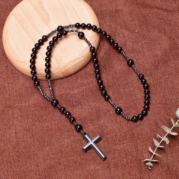 Vintage Rosary Beads Catholic Black Agate Hematite Cross Pendant Natural Stone Rosary Necklace for Man and Women