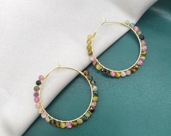 Faceted Rainbow Tourmaline Earrings 18K Gold Filled Hoops Earrings for women Statement Earrings Wire Wrap