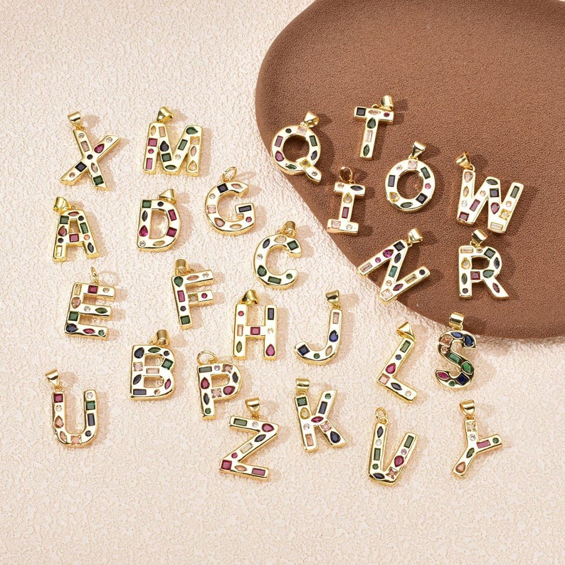 Full A-Z letter pendants, 18K gold plated with colorful CZ stones.